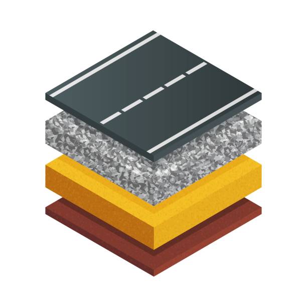 vektor-illustration typische asphalt straßenstruktur isoliert auf weißem hintergrund. realistische querschnitt straßenstruktur diagramm in flachen cartoon-stil. isometrisches schema der asphaltpflastertechnik. - stone asphalt road dirty stock-grafiken, -clipart, -cartoons und -symbole