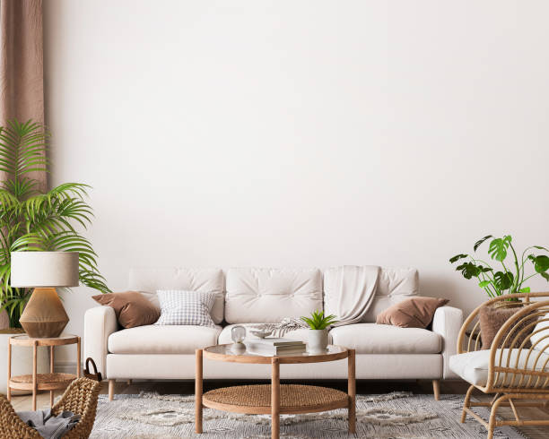 farmhouse interior living room, empty wall mockup in white room with wooden furniture and lots of green plants stock photo