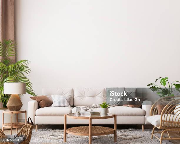 Farmhouse Interior Living Room Empty Wall Mockup In White Room With Wooden Furniture And Lots Of Green Plants Stock Photo - Download Image Now