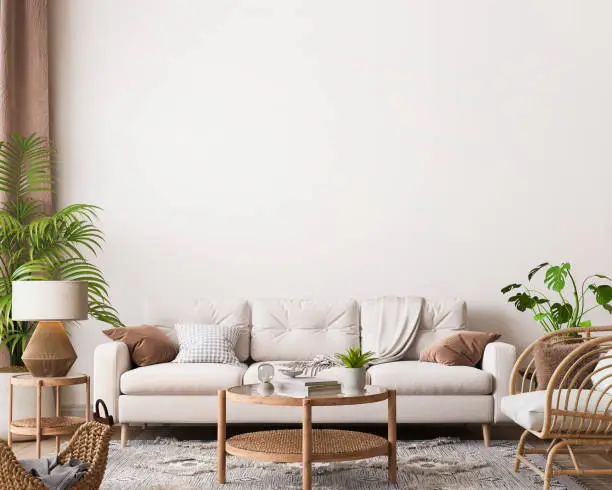 Photo of farmhouse interior living room, empty wall mockup in white room with wooden furniture and lots of green plants