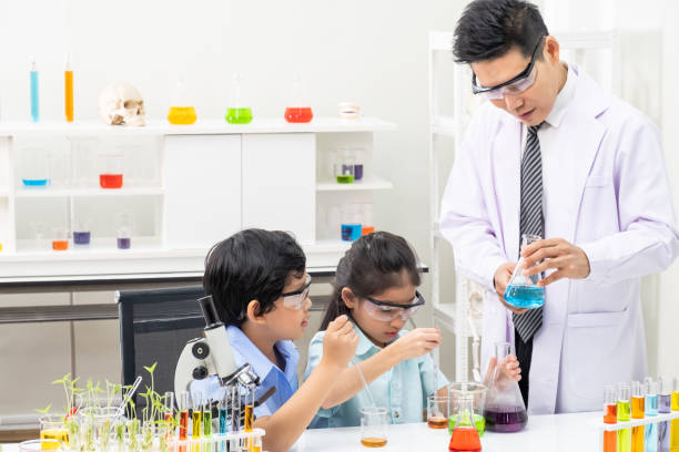 istock Young Asian boy and girl smile and having fun while doing science experiment in laboratory classroom with Teacher. Study with scientific equipment and tubes. Education concept. 1311769200