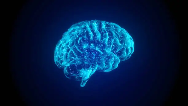 4k 3fps AI Brain Concept. Artificial Intelligence, neuronets. 360 rotating. futuristic hologram of brain on a black background and glowing blue. Digital Brain big Data.