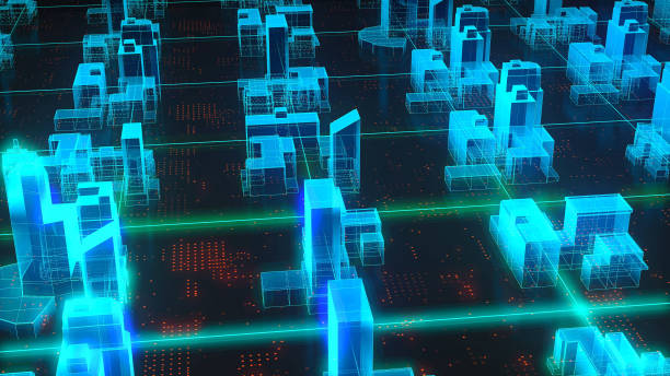 istock Tech city Hologram, big data abstract 3D city rendering with futuristic matrix. 1311770243