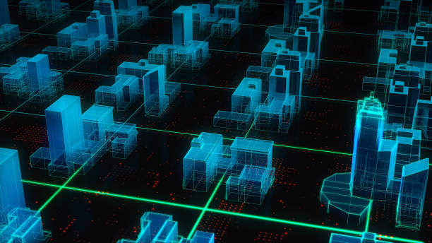 istock Tech city Hologram, big data abstract 3D city rendering with futuristic matrix. 1311770281
