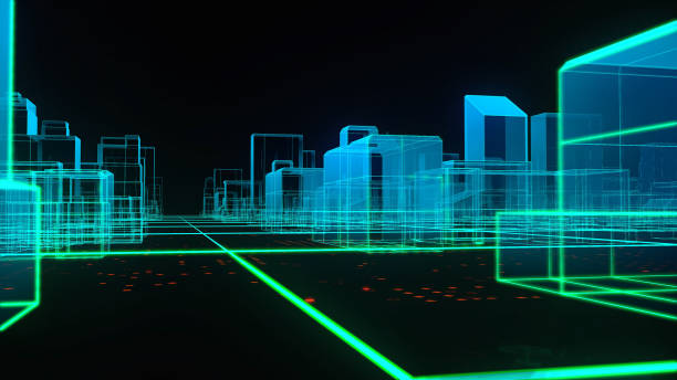 istock Tech city Hologram, big data abstract 3D city rendering with futuristic matrix. 1311770327