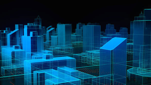 istock Tech city Hologram, big data abstract 3D city rendering with futuristic matrix. 1311770361