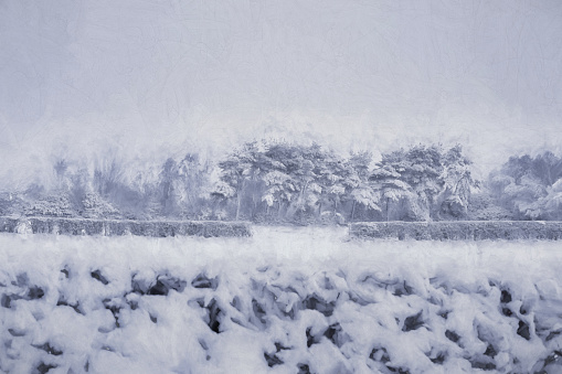 Digital painting of a typical seasonal rural winter landscape snow scene on Wetley Moor, Staffordshire, UK.