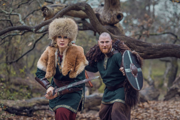 istock Russian viking warrior royal couple in a forest 1311774389