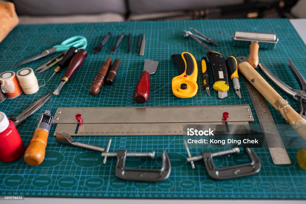 Leather crafting DIY tools still life Craft Stock Photo
