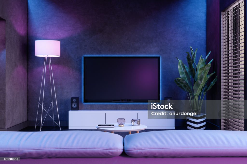Modern Living Room And Television Set At Night With Neon Lights Television Set Stock Photo
