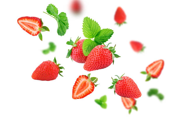 istock Strawberry berries levitating on a white background. Isolated object on a white background. Horizontal. 1311781442