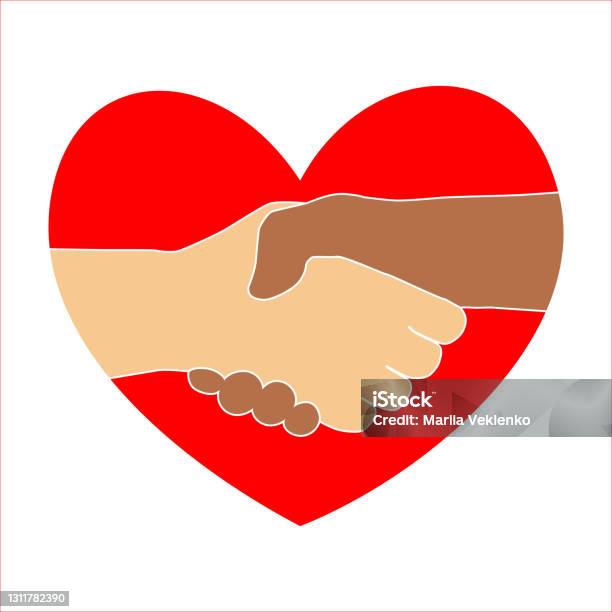 Handshake Auf Dem Hintergrund Eines Roten Herzens Symbolisiert Den Antirassismus Stock Vektor Art und mehr Bilder von Abmachung