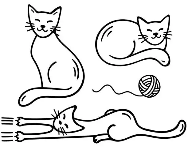 Vector illustration of Collection of cute funny cats lying, sitting, stretching itself, playing. Set of adorable pet animals in a hand drawn doodle style. Black outlines isolated on a white background. Vector illustration.