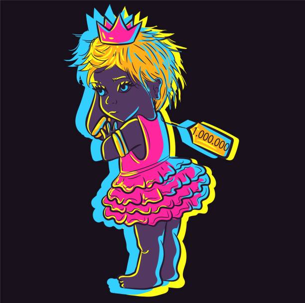ilustrações de stock, clip art, desenhos animados e ícones de cute illustration of a small cute neon baby with an expensive price tag. adorable little girl in a princess tutu glowing in the night under uv lights. - afford