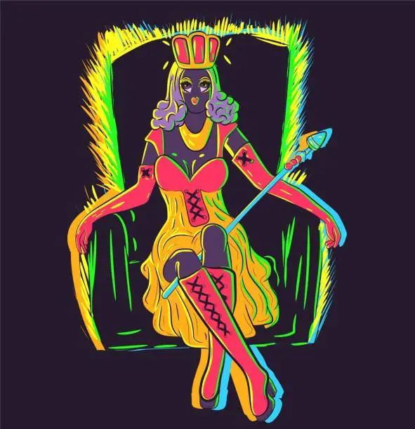 Vector illustration of Vector of a drag queen under neon lights sitting on a royal throne. Conceptual art of a wealthy woman with a crown and a scepter. Medieval character in a velvet dress with red boots and a golden dress