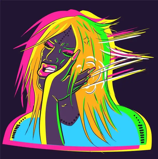 Vector illustration of Vector of two women fighting and one hitting the other with a hand. Illustration of a face slap expression. Blonde neon girl wearing makeup and being hit.