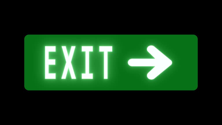 Exit emergency sign. Emergency fire exit sign animation. Running man toward the door. Green color. 4K video