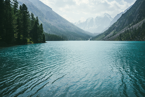 Amazing view to meditative ripples on azure clear calm water of mountain lake on background of snowy mountains. Atmospheric scenery with alpine lake, trees and glacier. Relax waves on turquoise water.