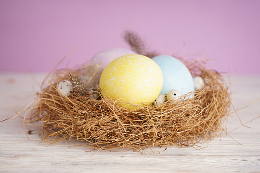 Easter eggs in a nest on a wooden background. Close-up.
