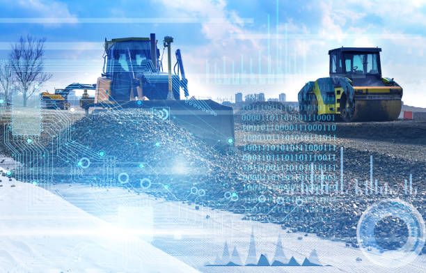 the concept of the production of works on the construction of a highway. Analysis of data and works using artificial intelligence and full automation the concept of the production of works on the construction of a highway. Analysis of data and works using artificial intelligence and full automation backhoe photos stock pictures, royalty-free photos & images