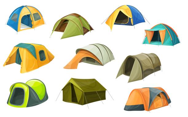 Cartoon tents vector icons, camping equipment set Cartoon tents vector icons, camping equipment, campsite domes. Sport and travel touristic marquees with ropes, windows and canopy, houses for outdoor recreation and hiking adventure isolated set entertainment tent illustrations stock illustrations