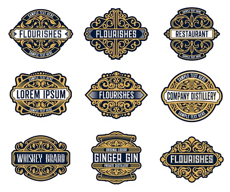 Alcohol drink brand, beverage or company retro labels with ornate and flourish embellishments. Whiskey, ginger gin liquor or wine, distillery, restaurant or bar vintage badge, coaster vector templates