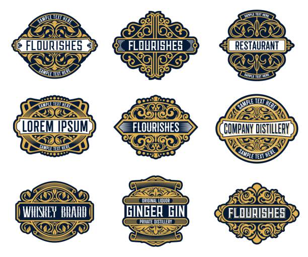 Alcohol drinks brand, beverage retro labels set Alcohol drink brand, beverage or company retro labels with ornate and flourish embellishments. Whiskey, ginger gin liquor or wine, distillery, restaurant or bar vintage badge, coaster vector templates gin label stock illustrations