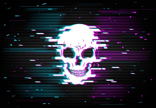 Human skull on glitching display backdrop. Danger glitch or computer program bug, hacker attack or cybersecurity breach symbol. White skull on black background, neon violet and blue pixel noise vector