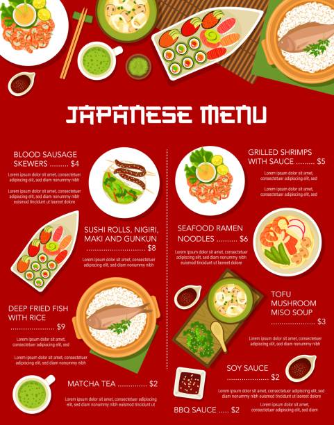 ilustraciones, imágenes clip art, dibujos animados e iconos de stock de cocina japonesa, menú japonés fideos ramen - prepared shrimp skewer rice prepared fish