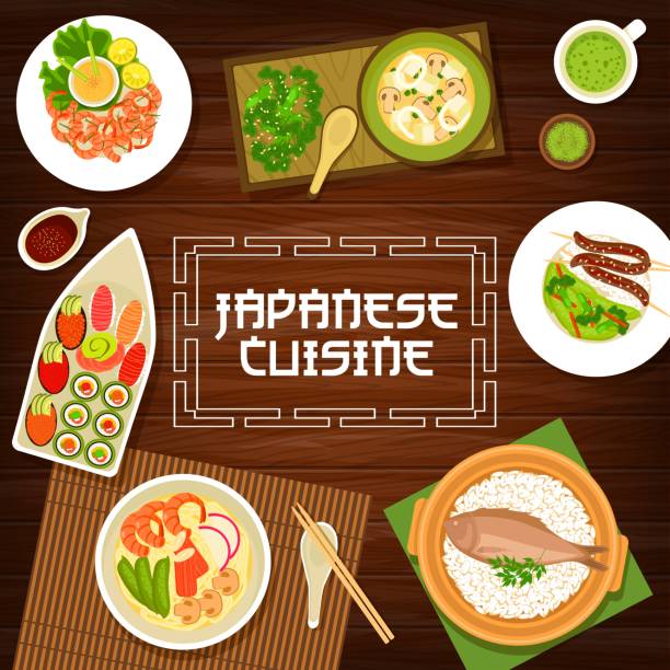 ilustraciones, imágenes clip art, dibujos animados e iconos de stock de comida japonesa, menú de cocina japonesa, ramen de fideos - prepared shrimp skewer rice prepared fish