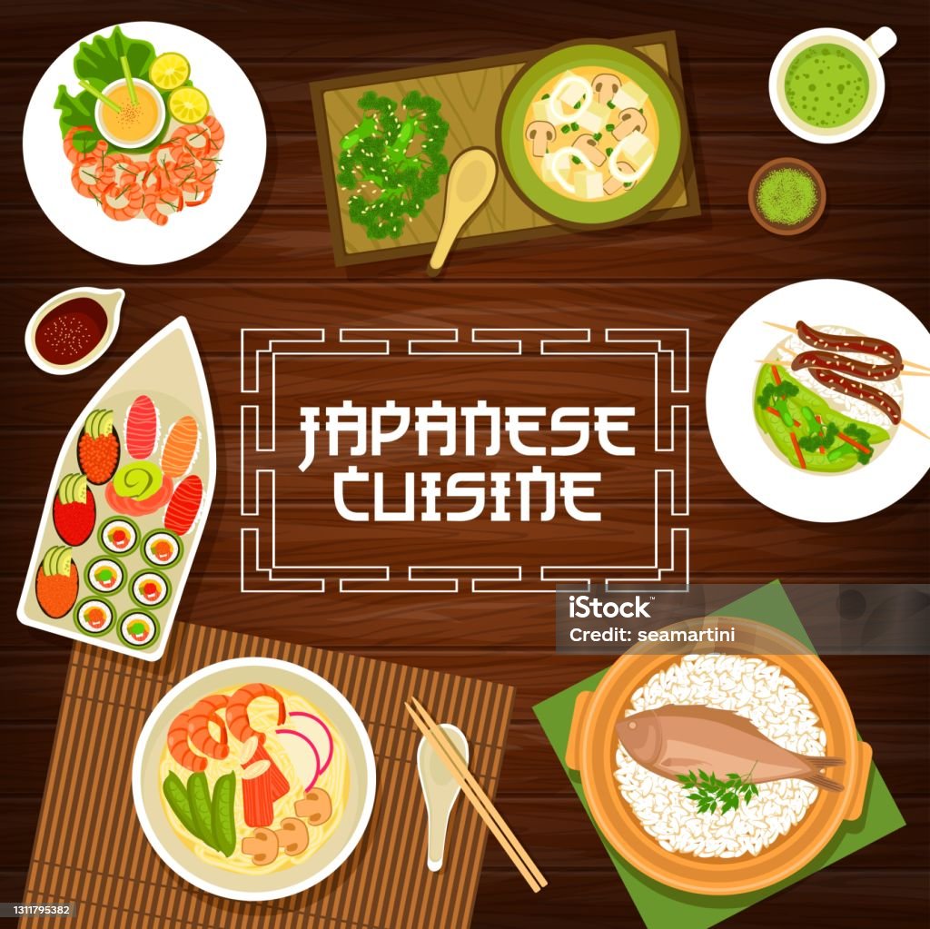 Japan food, Japanese cuisine menu, noodles ramen - Royalty-free Arroz - Alimento Básico arte vetorial