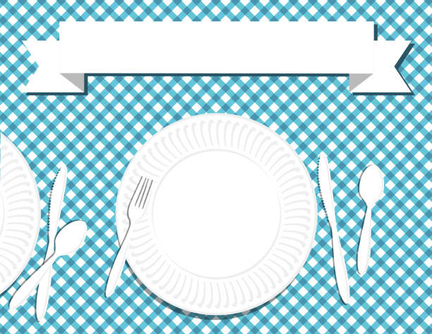 BBQ Party Invitation Template Blank picnic invitation with a paper plate on a colourful checkered tablecloth. You can release the clipping mask on the elements to rearrange them. family reunion stock illustrations