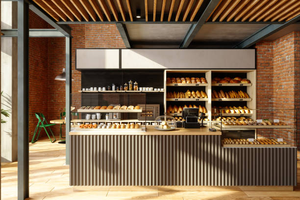 interni del negozio di panetteria con vari pani e panini sugli scaffali - bakery foto e immagini stock