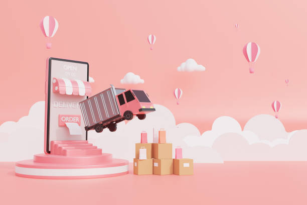 Online delivery service smartphone application technology,online shopping concept from mobile,paper cut,art cartoon style,order tracking on mobile,sky and cloud background,3d rendering illustration