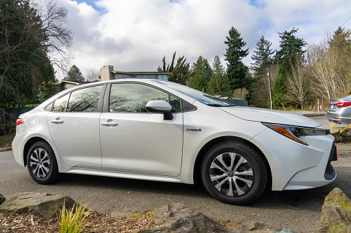 Everett WA. USA - 04-05-2021: 2021 Toyota Corolla Hybrid Vehicle  at Howarth Park