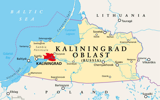 Kaliningrad Oblast, federal subject of Russia, political map Kaliningrad Oblast, political map. Kaliningrad Region, federal subject and semi-enclave of Russia, located on the coast of the Baltic Sea, with administrative centre Kaliningrad. Illustration. Vector. prussia stock illustrations