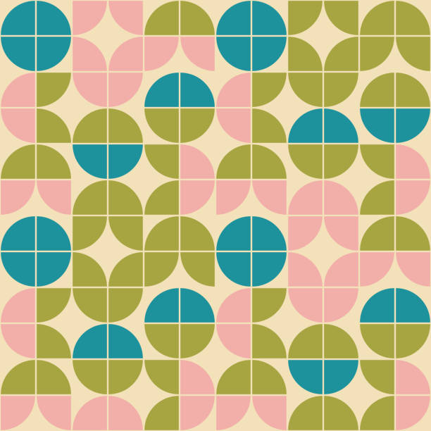 mid century moderne mod geometrische blumendesign. 1960er jahre wallpaper design in einem retro-farbpalette. vintage skandinavischen stil muster wiederholen. - flower backgrounds tile floral pattern stock-grafiken, -clipart, -cartoons und -symbole