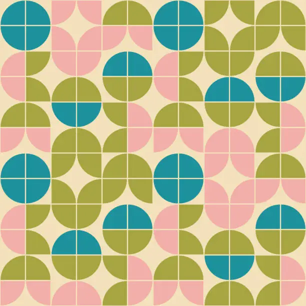 Vector illustration of Mid Century Modern Mod Geometric Floral Design. 1960s Wallpaper Design In A Retro Color Palette. Vintage Scandinavian Style Pattern Repeat.