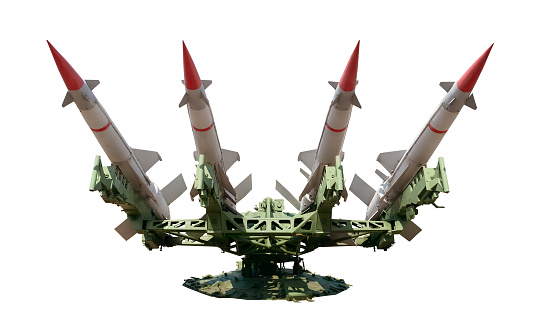 Anti-aircraft air defense missiles on the launcher. Front view. Isolated on white background