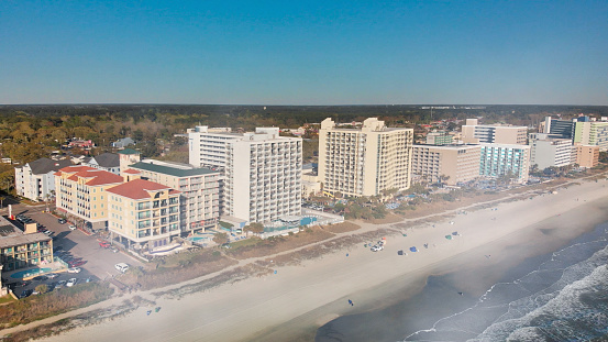 USA. Panoramic aerial view of Myrtle Beach skyline on a sunny day from drone point of view, South Carolina.