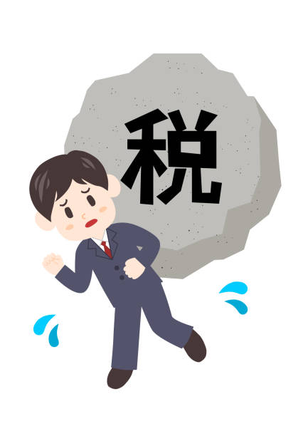 ilustraciones, imágenes clip art, dibujos animados e iconos de stock de un trabajador que sufre de impuestos. mucho estrés como el rock. ilustración vectorial. traducción al idioma japonés: impuestos - pushing over burdened rock men