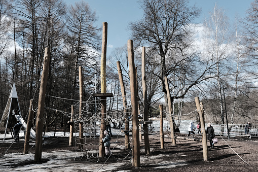 Moscow, Russia - April 10, 2021: Rope playground in city park