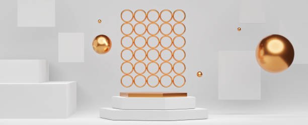 istock 3d interior with podium, horizontal background for product presentation. Blank product stand white and golden color with ring and ball. 1311818041