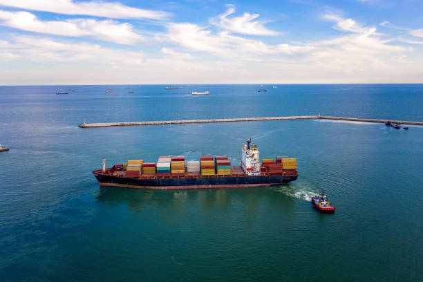 istock Aerial view of cargo container ship in transit. 1311818644