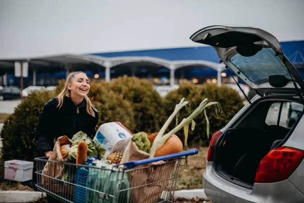 Two people on parking spot after shopping