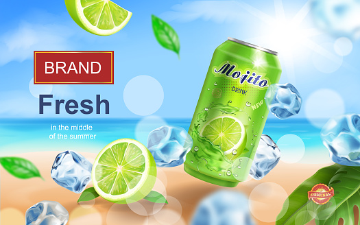 Mojito aluminium can ads with beverage with ice cubes on tropical beach, lime and mint elements in 3d illustration.