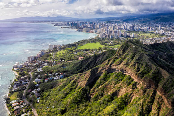 istock Honolulu skyline with Diamond Head Mountain, Hawaii. Aerial view 1311829665