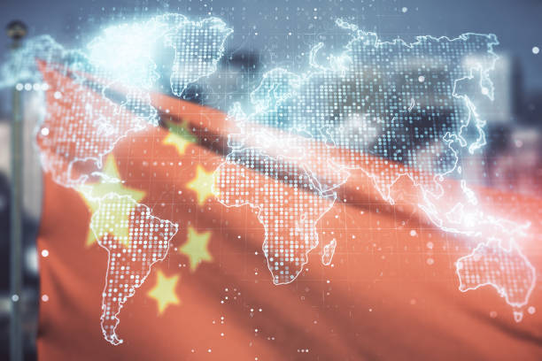 istock Abstract creative digital world map on Chinese flag and skyline background, globalization concept. Multiexposure 1311832597