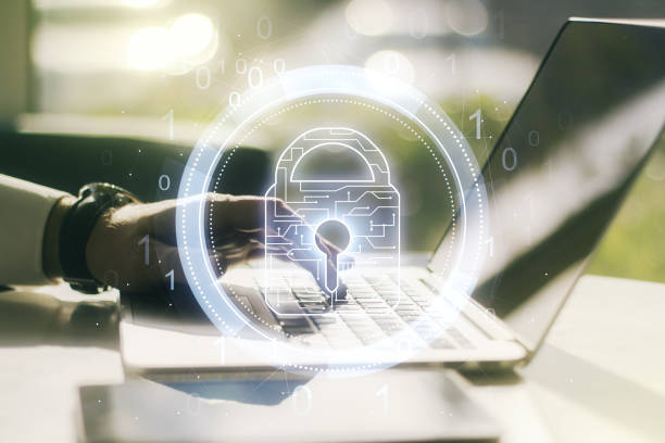 istock Creative idea concept with lock symbol and microcircuit illustration and hands typing on laptop on background. Protection and firewall concept. Multiexposure 1311832639