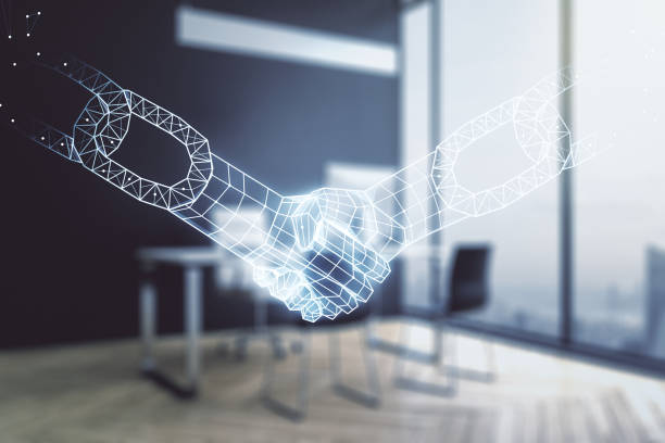 istock Creative concept of blockchain technology with handshake and modern desktop with computer on background. digital money transfers and decentralization concept. Multiexposure 1311832644